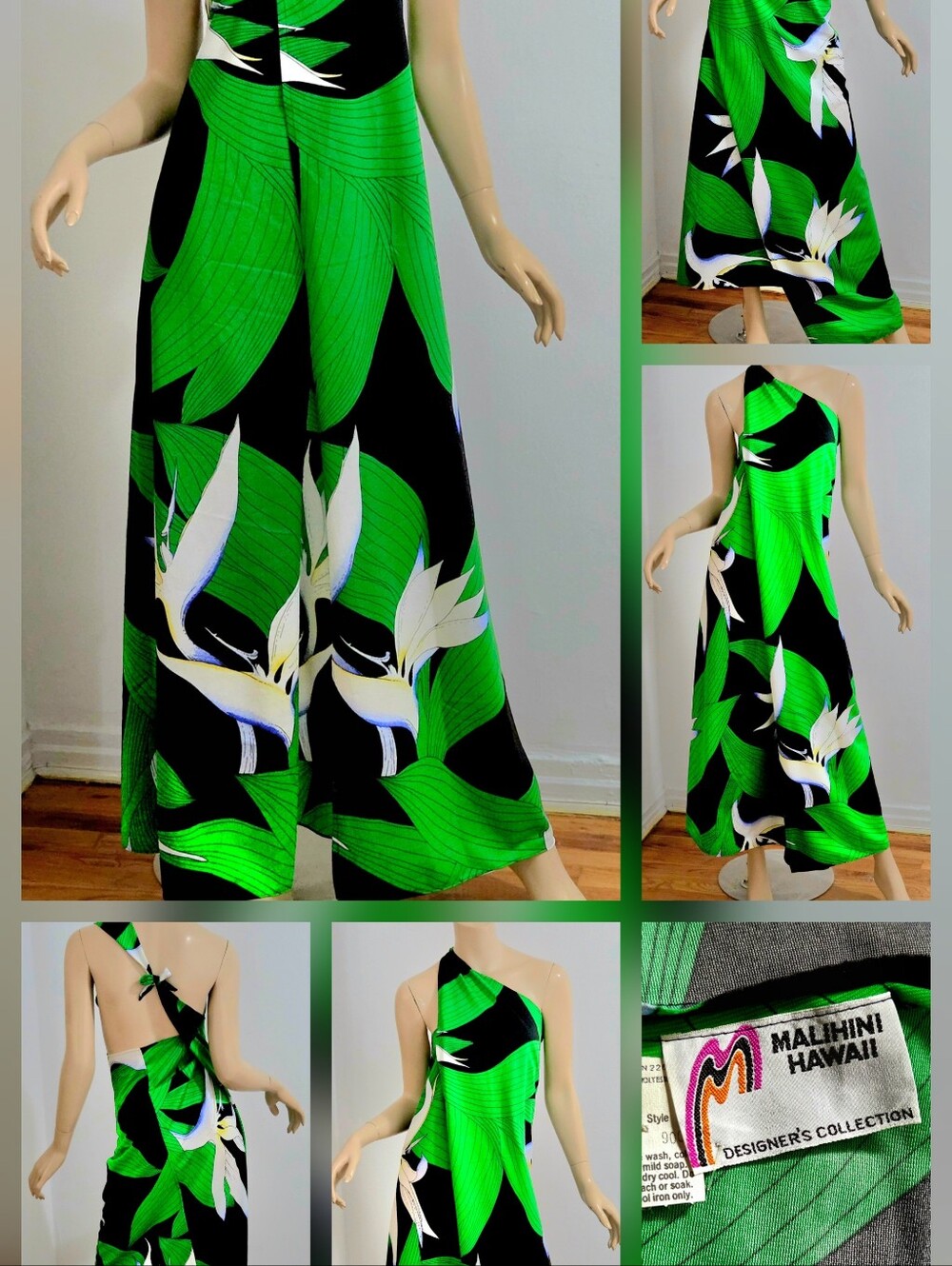 Vtg 60-70s Malihini Hawaii Vrap Dress Emerald Green